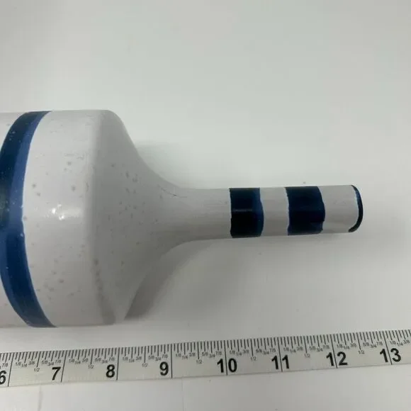 Crate and Barrel Terra Cotta Vase Blue Striped Gray Nautical Decor Hand Painted - Picture 12 of 14